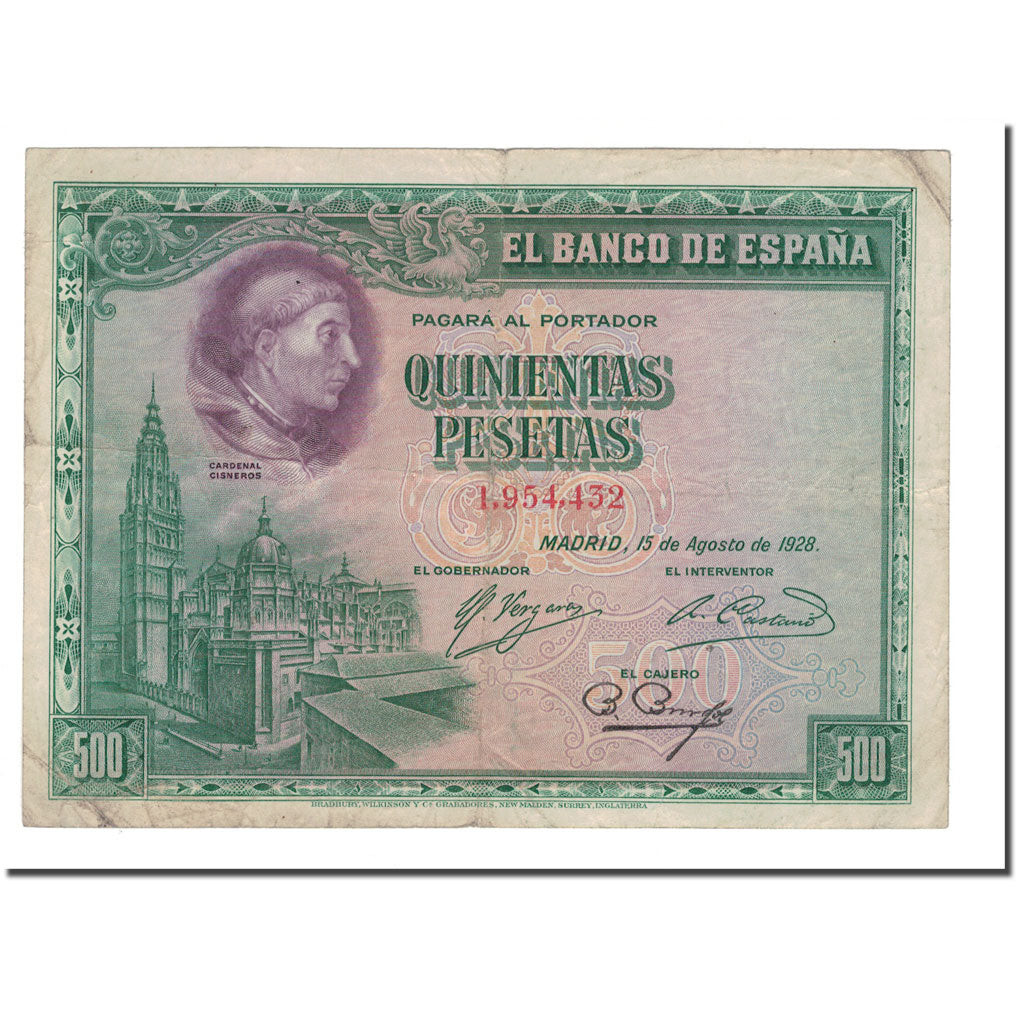 Banknote, Spain, 500 Pesetas, 1928, 1928-08-15, KM:77a, VG(8-10)