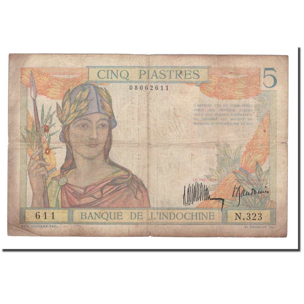 Banknote, FRENCH INDO-CHINA, 5 Piastres, 1932, KM:53a, VG(8-10)