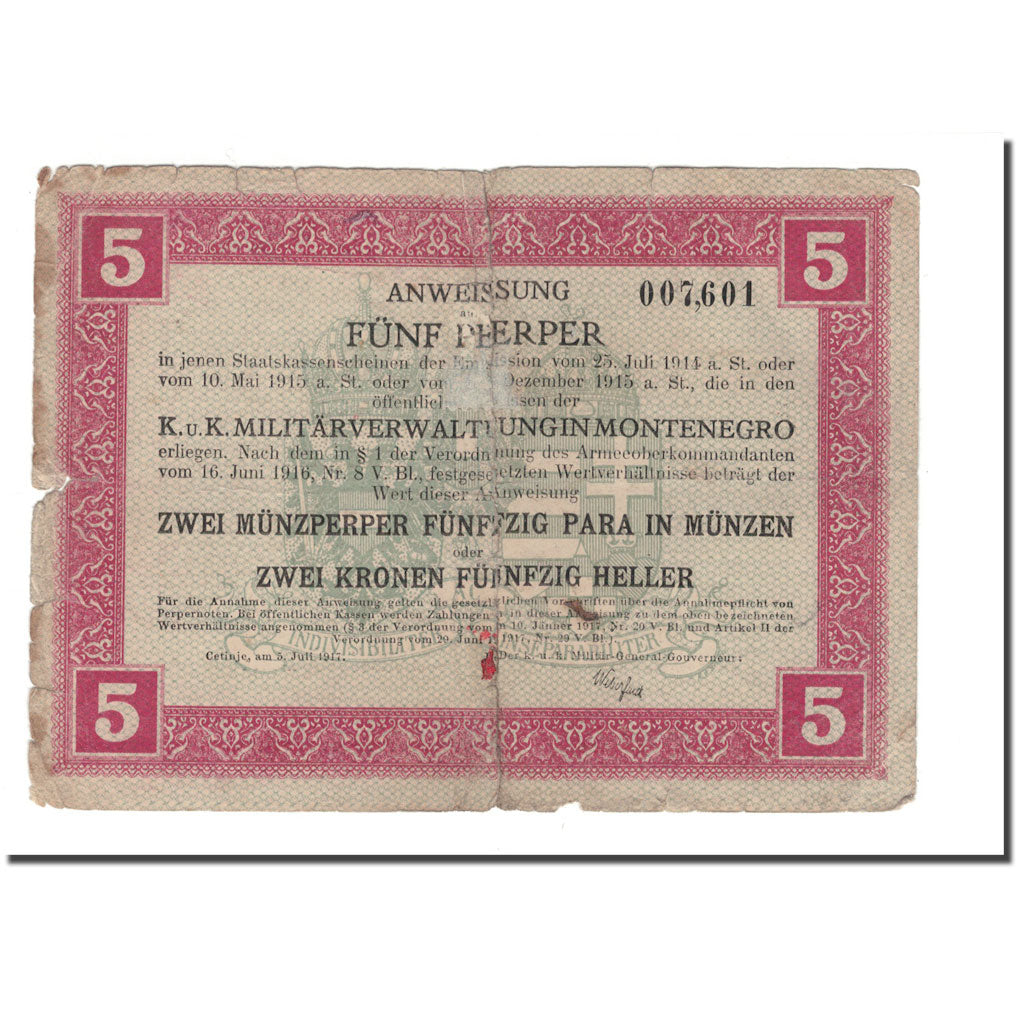 Banknote, Montenegro, 5 Perper = 2 Münzperper 50 Para = 2 Kronen 50 Heller