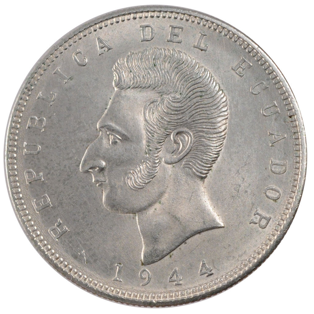 Coin, Ecuador, 5 Sucres, Cinco, 1944, Mexico City, Mexico, MS(60-62), Silver