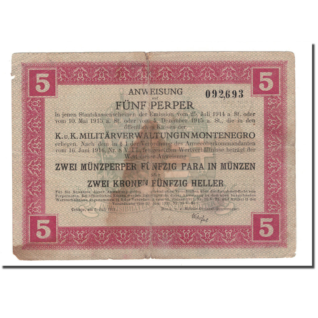 Banknote, Montenegro, 5 Perper = 2 Münzperper 50 Para = 2 Kronen 50 Heller