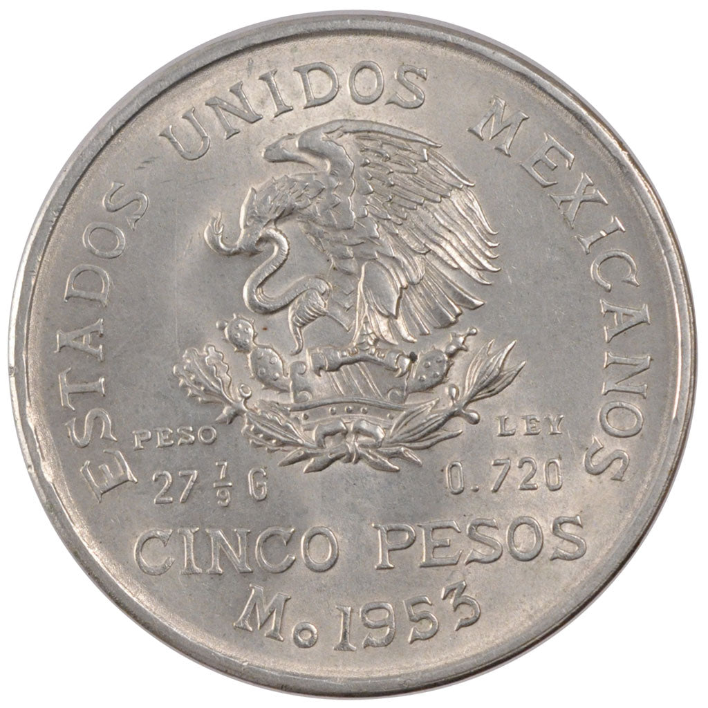 Coin, Mexico, 5 Pesos, 1953, Mexico City, MS(60-62), Silver, KM:468