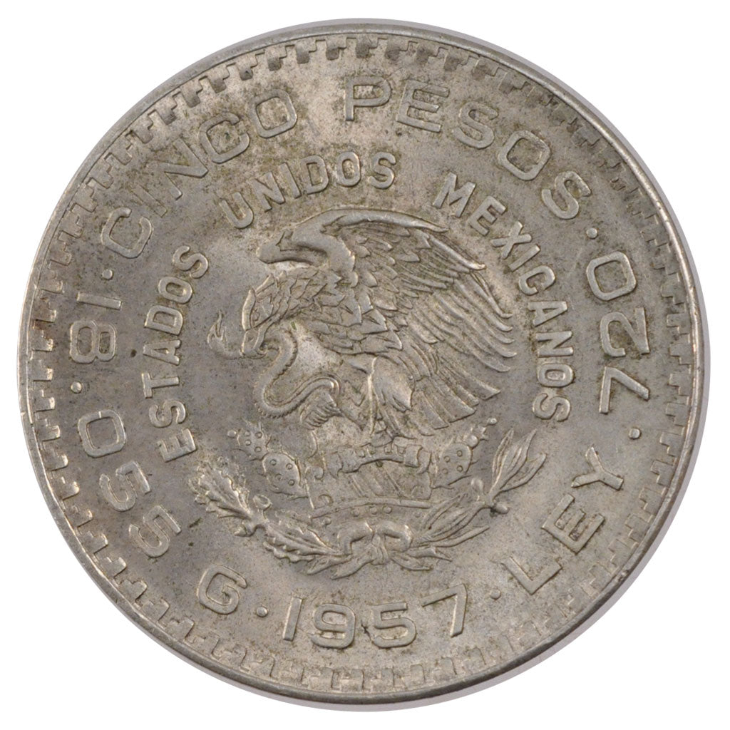 MEXICO, 5 Pesos, 1957, Mexico City, KM #470, MS(60-62), Silver, 36, 18.05