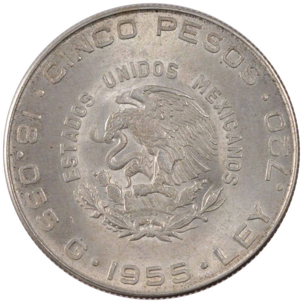 Coin, Mexico, 5 Pesos, 1955, Mexico City, MS(60-62), Silver, KM:469