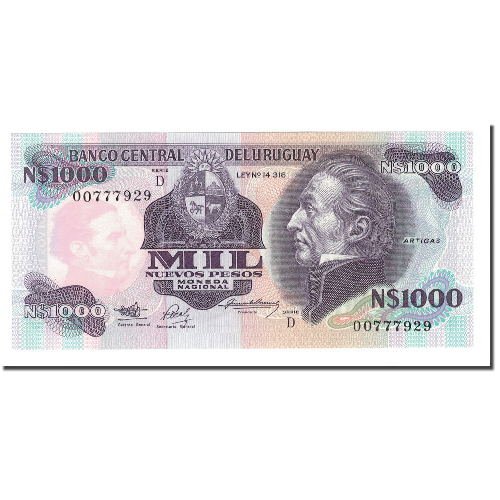 Banknote, Uruguay, 1000 Nuevos Pesos, 1991-1992, 1992, KM:64b, UNC(65-70)