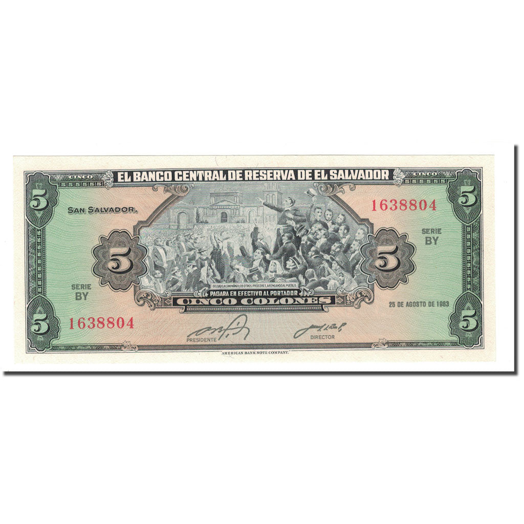 Banknote, El Salvador, 5 Colones, 1983, 1977-10-06, KM:134a, UNC(65-70)