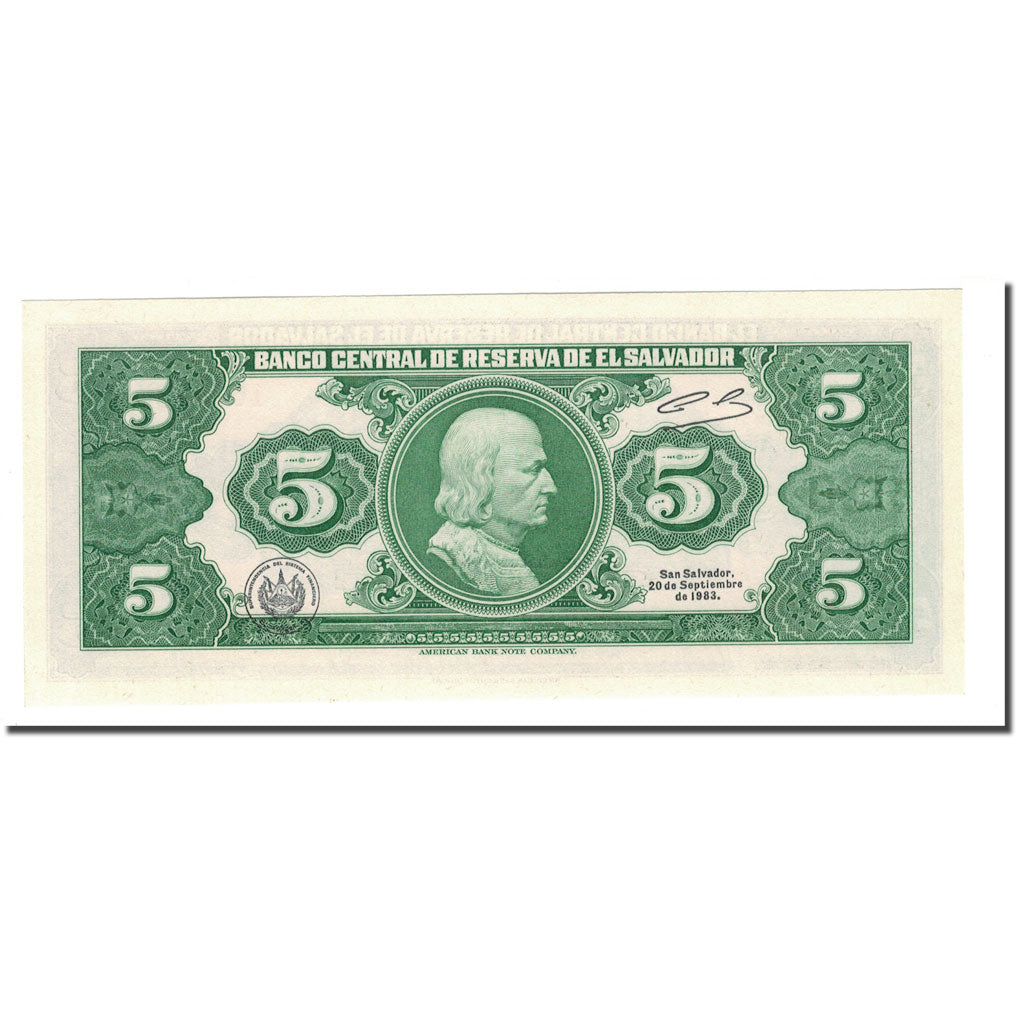 Banknote, El Salvador, 5 Colones, 1983, 1977-10-06, KM:134a, UNC(65-70)
