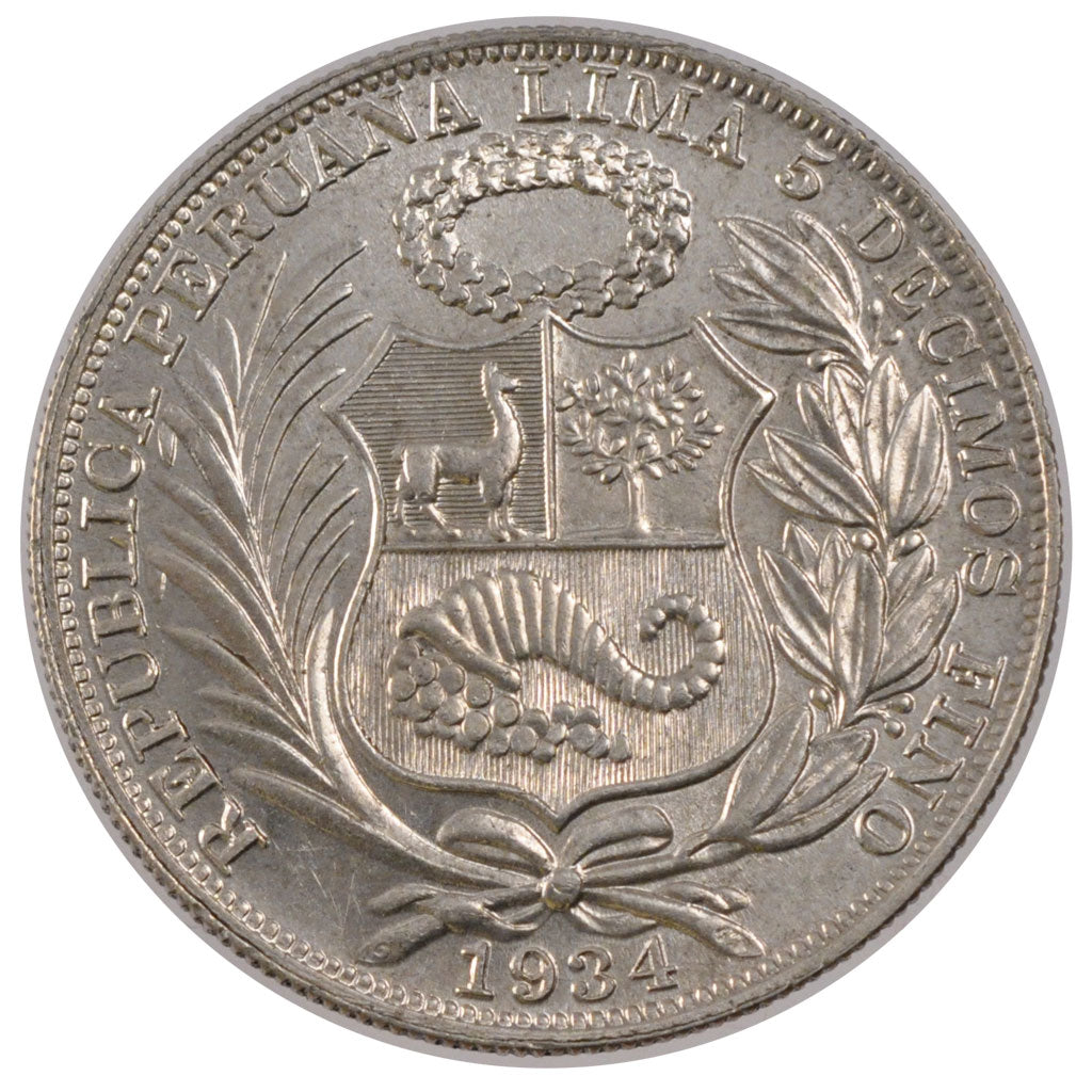 Peru, 1 Sol, 1934, Lima, KM #218.2, AU(55-58), Silver, 37, 25.00