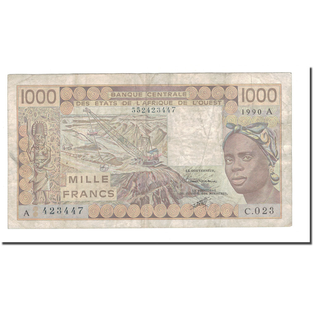 Banknote, West African States, 1000 Francs, 1990, KM:107Aj, VG(8-10)
