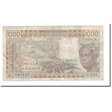 Banknote, West African States, 1000 Francs, 1990, KM:107Aj, VG(8-10)