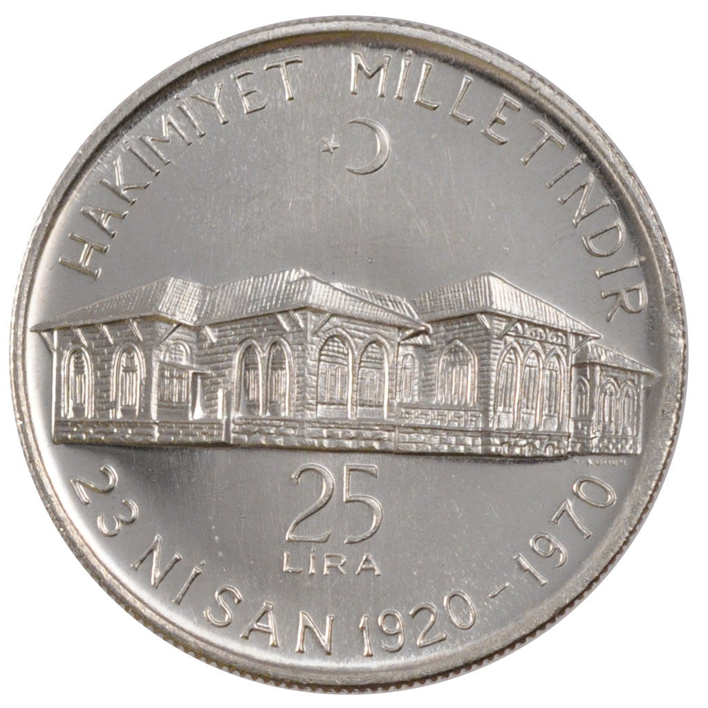 TURKEY, 25 Lira, 1970, KM #897, MS(60-62), Silver, 14.60