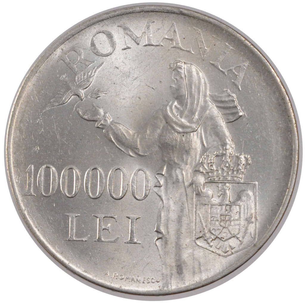 Coin, Romania, Mihai I, 100000 Lei, 1946, AU(55-58), Silver, KM:71