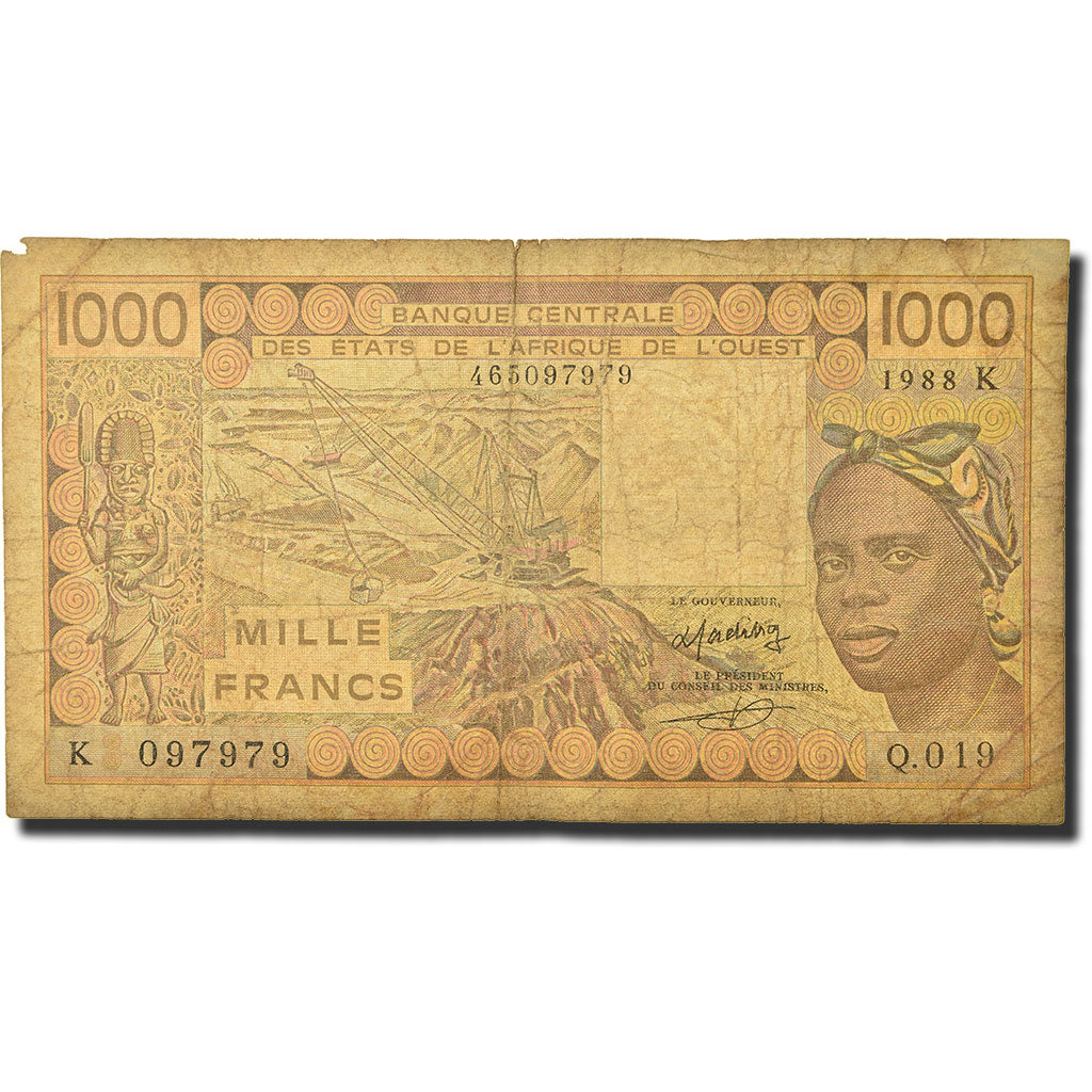 Banknote, West African States, 1000 Francs, 1988, KM:607Ha, VG(8-10)