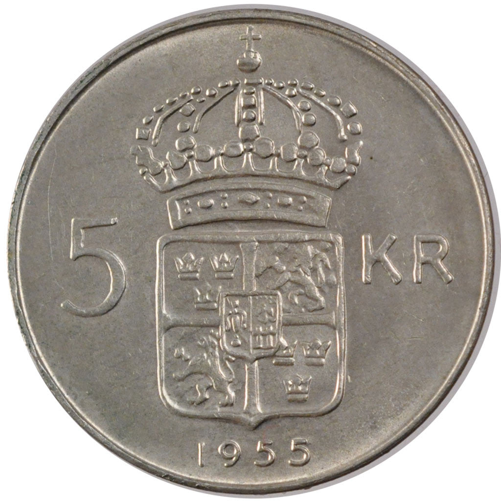 SWEDEN, 5 Kronor, 1955, KM #829, MS(60-62), Silver, 34, 18.00