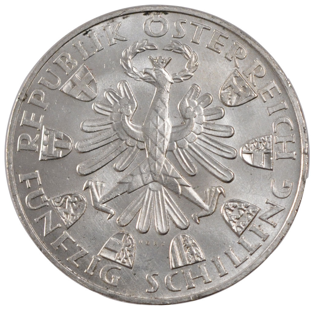 AUSTRIA, 50 Schilling, 1959, KM #2888, MS(60-62), Silver, 34, 20.00