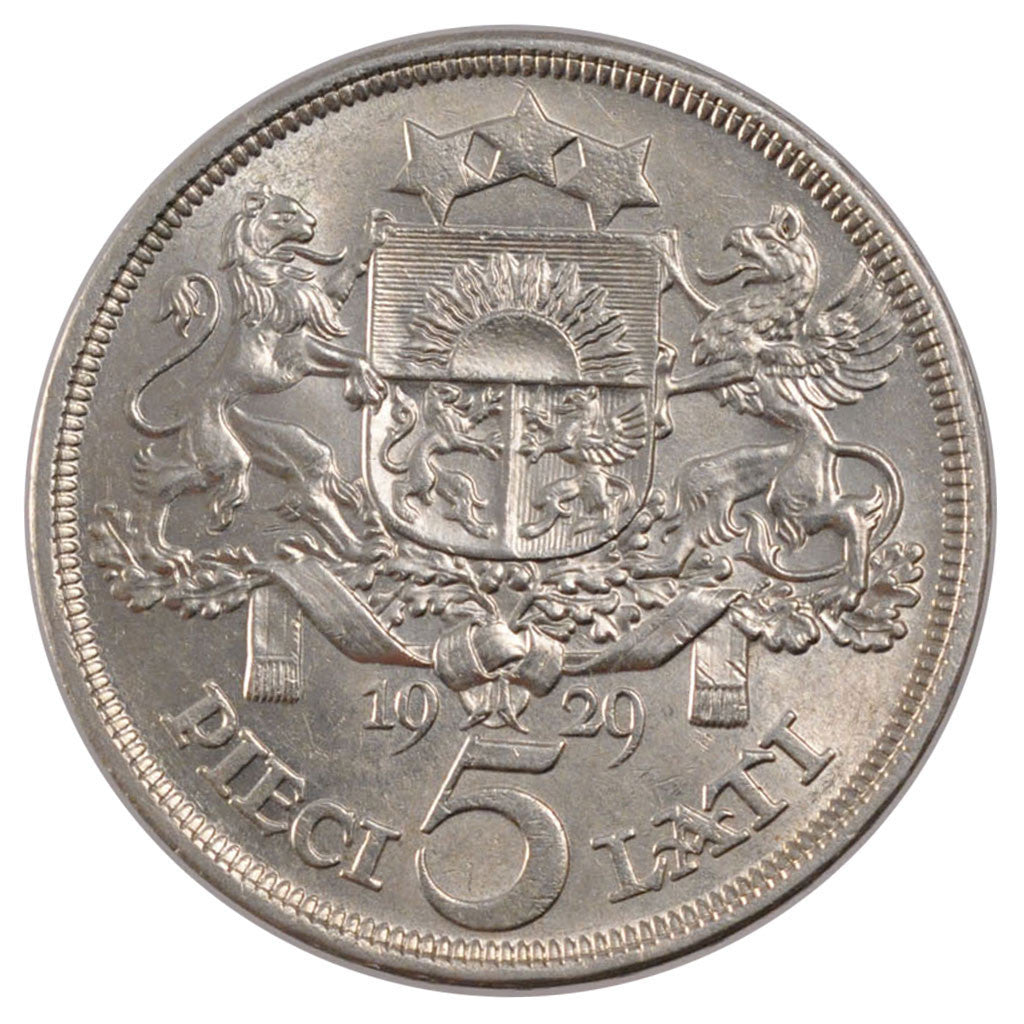 LATVIA, 5 Lati, 1929, KM #9, MS(60-62), Silver, 37, 25.00