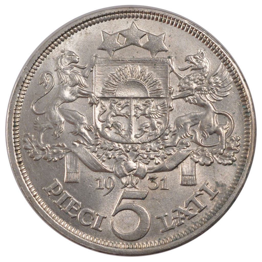 LATVIA, 5 Lati, 1931, KM #9, MS(60-62), Silver, 37, 25.00