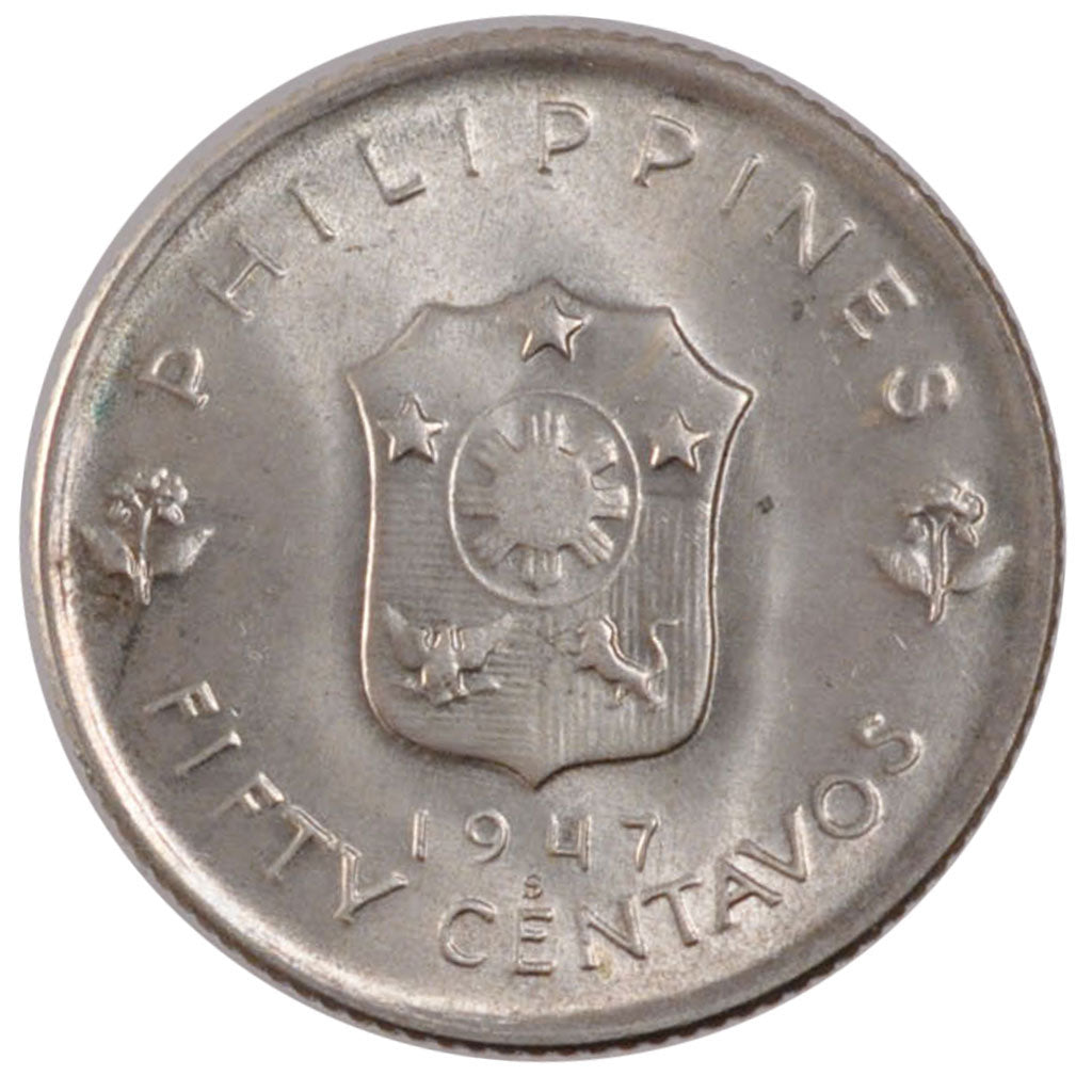 PHILIPPINES, 50 Centavos, 1947, San Francisco, KM #184, MS(60-62), Silver,...