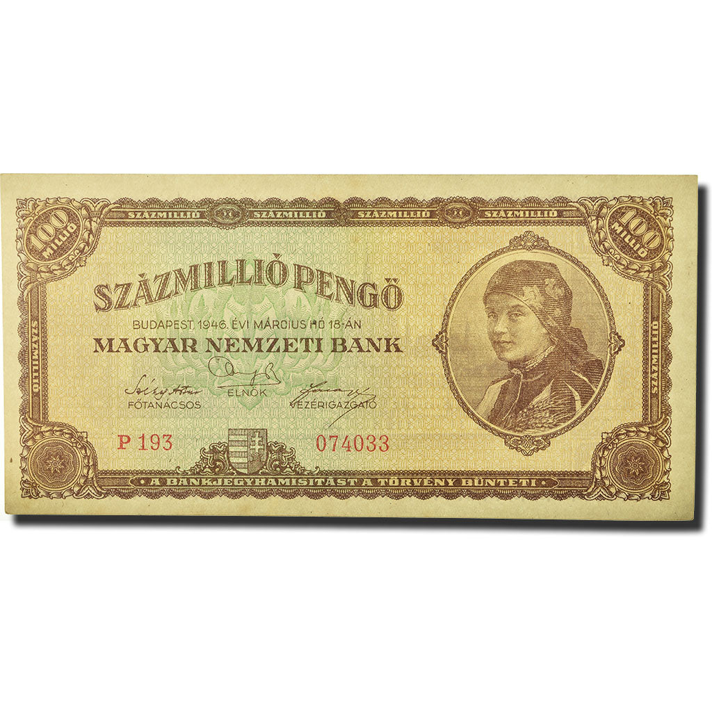 Banknote, Hungary, 100,000,000 Pengö, 1946, 1946-03-18, KM:124, UNC(65-70)