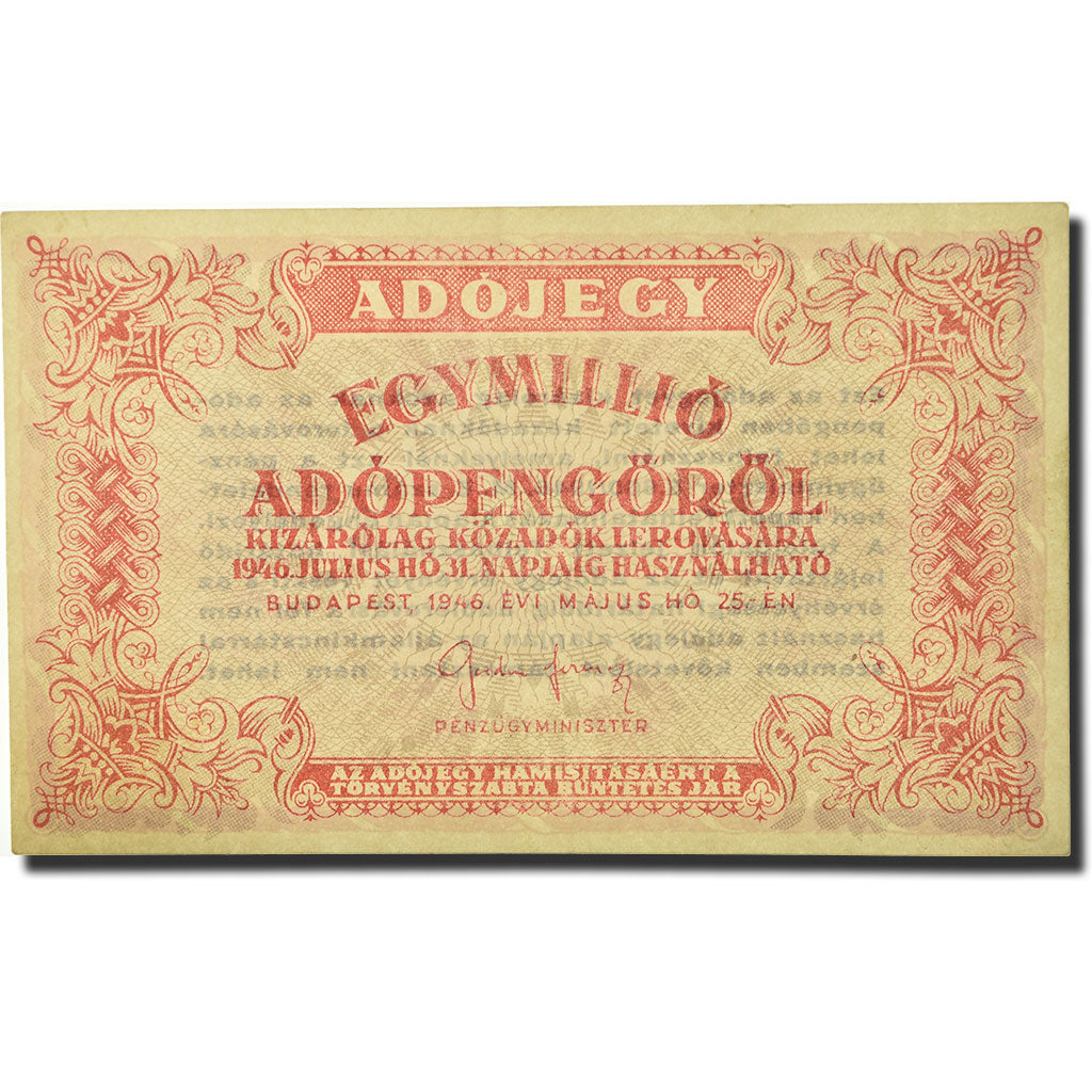 Banknote, Hungary, 1,000,000 (Egymillió) Adópengö, 1946, 1946-05-25, KM:140b