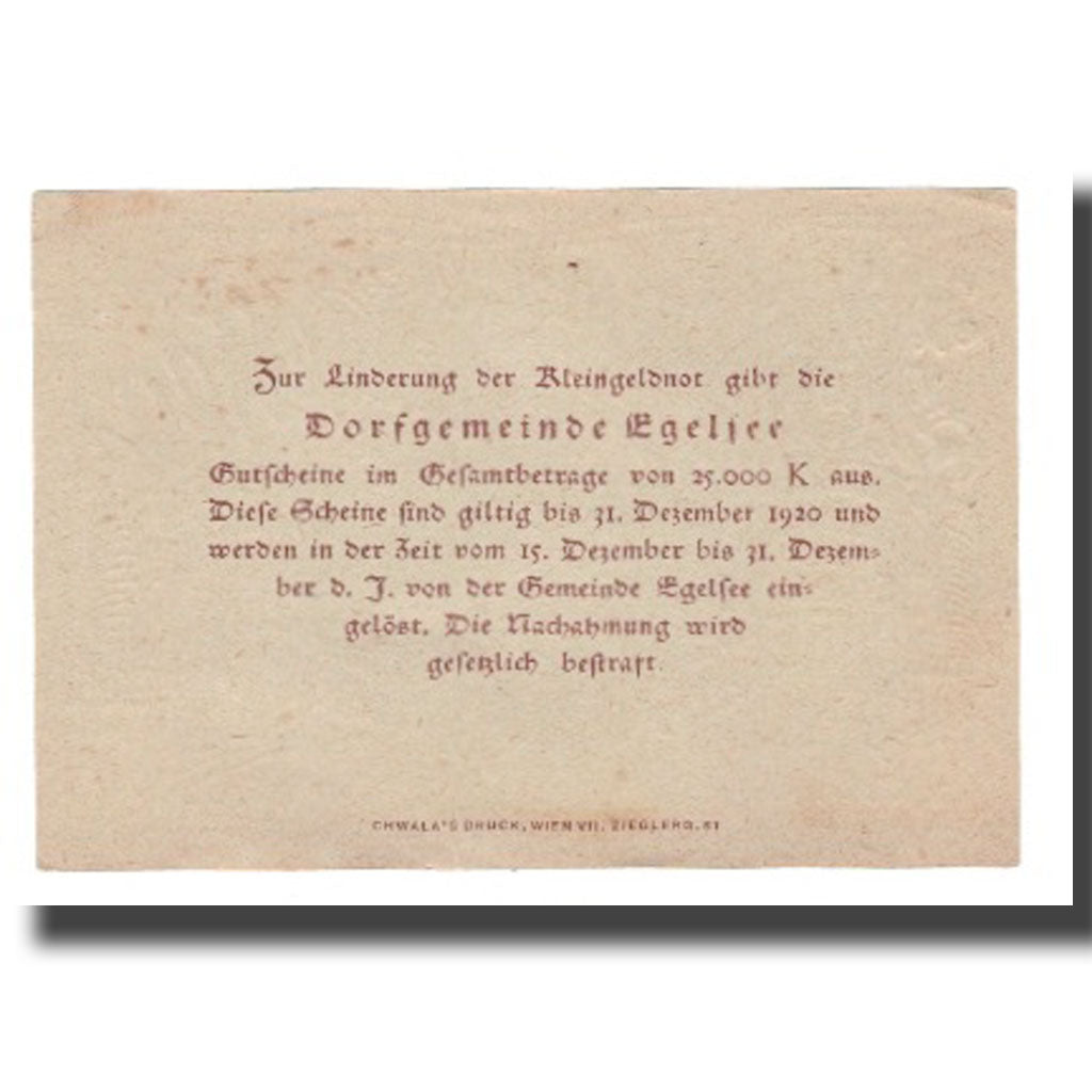 Banknote, Austria, Egelsee, 50 Heller, Texte, 1920, 1920-05-23, UNC(63)