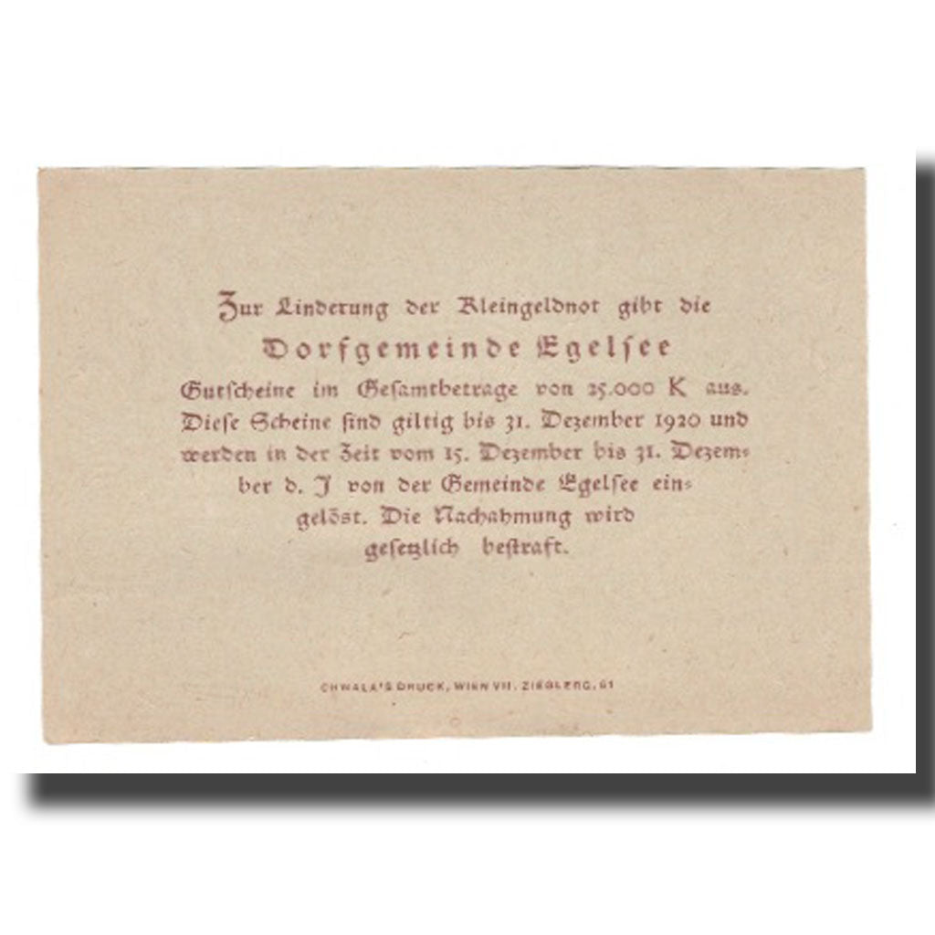 Banknote, Austria, Egelsee, 50 Heller, Texte 2, 1920, 1920-05-23, UNC(63)