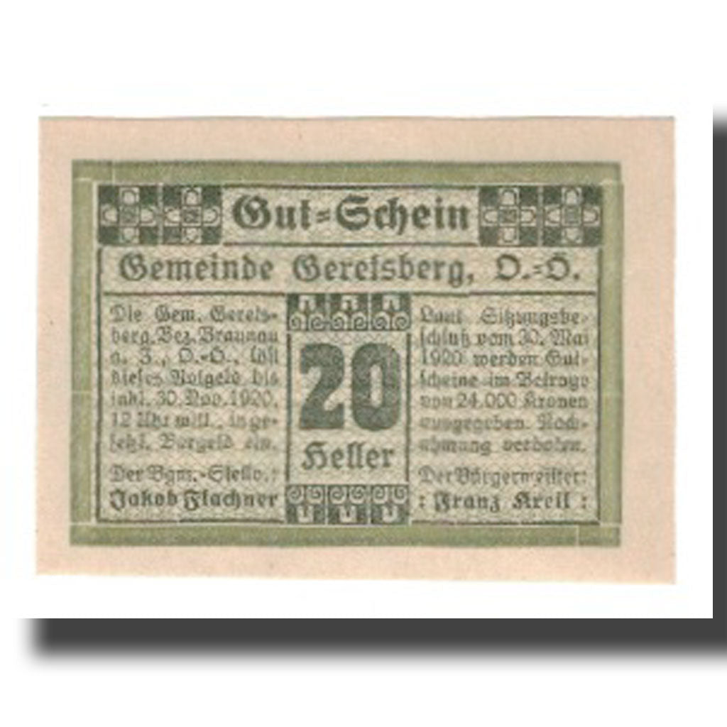 Banknote, Austria, Geretsberg O.Ö. Gemeinde, 20 Heller, valeur faciale, 1920