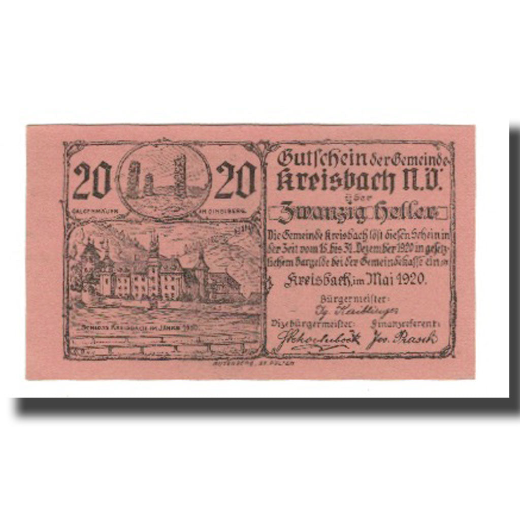 Banknote, Austria, Kreisbach N.Ö. Gemeinde, 20 Heller, Blason, 1920, UNC(63)