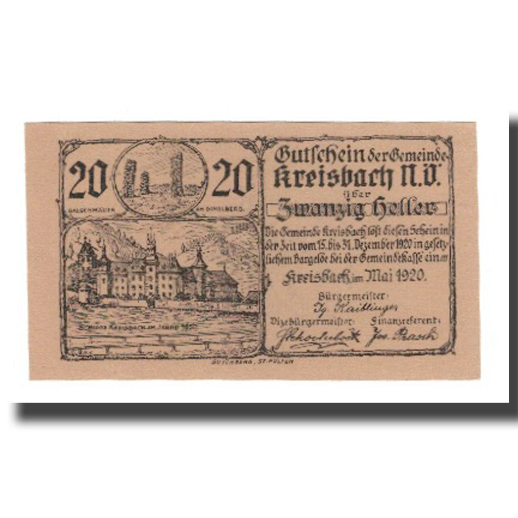 Banknote, Austria, Kreisbach N.Ö. Gemeinde, 20 Heller, Blason 1, 1920, UNC(63)