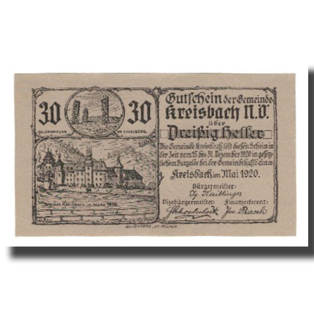 Banknote, Austria, Kreisbach N.Ö. Gemeinde, 30 Heller, Blason 2, 1920, UNC(63)