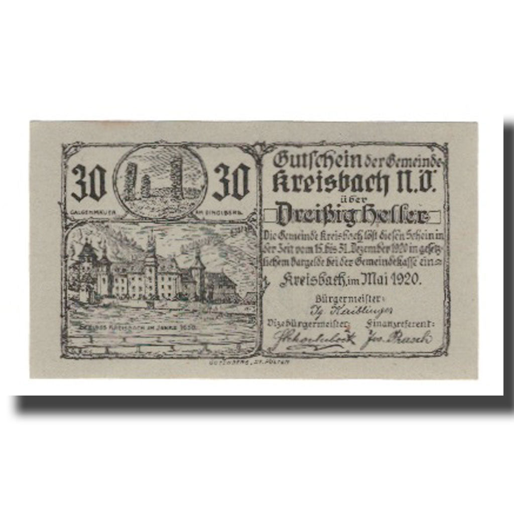 Banknote, Austria, Kreisbach N.Ö. Gemeinde, 30 Heller, Blason 3, 1920, UNC(63)