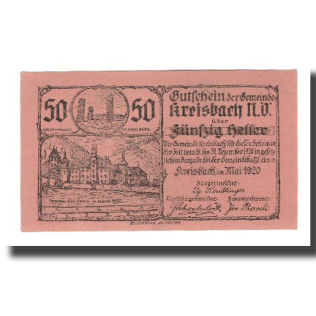 Banknote, Austria, Kreisbach N.Ö. Gemeinde, 50 Heller, Blason 4, 1920, UNC(63)