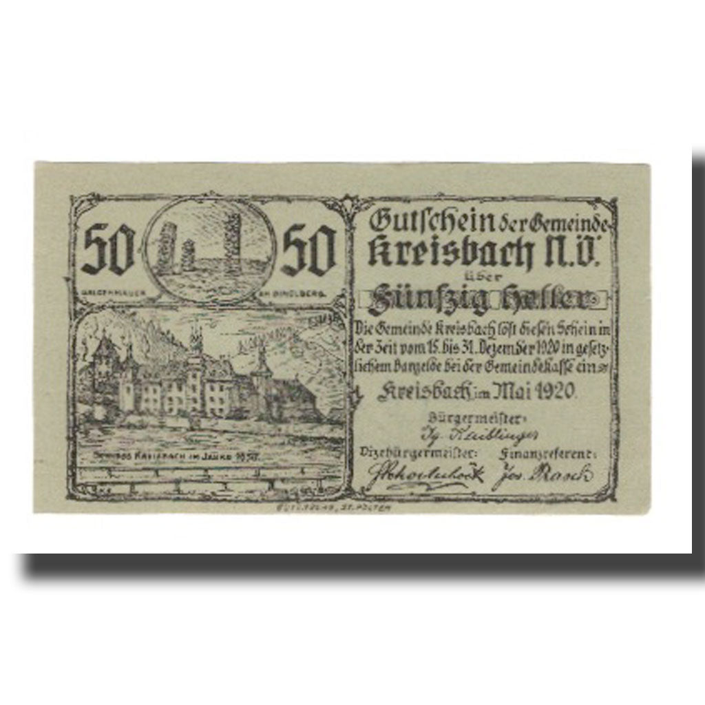 Banknote, Austria, Kreisbach N.Ö. Gemeinde, 50 Heller, Blason 5, 1920, UNC(63)