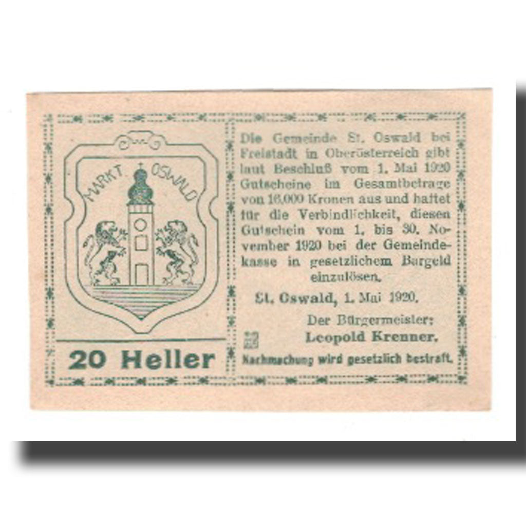 Banknote, Austria, St. Oswald N.Ö. Gemeinde, 20 Heller, Blason, 1920