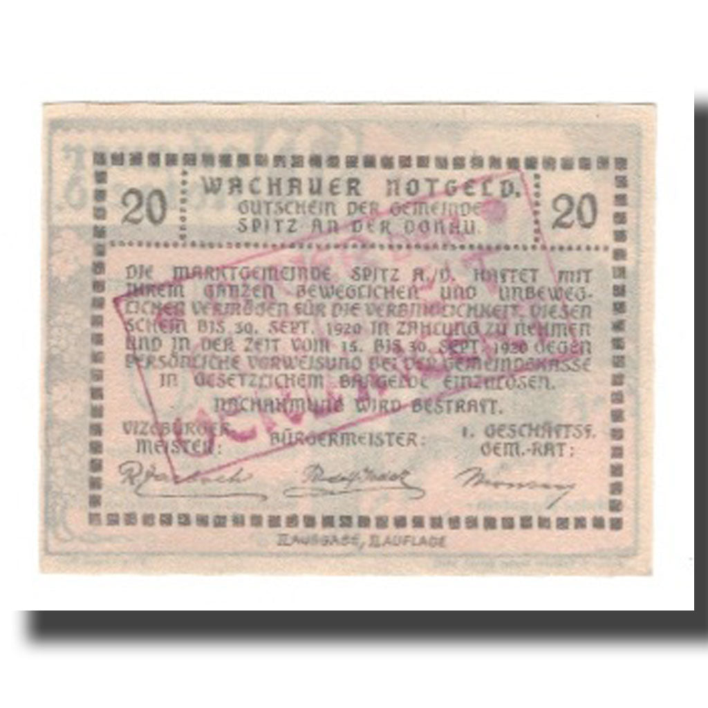 Banknote, Austria, Wachauer Notgeld-Aggstein N.Ö. Gemeinde, 20 Heller, Texte