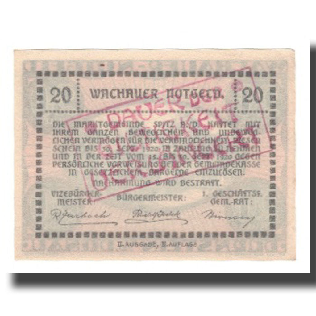 Banknot, Austria, Wachauer Notgeld Dürnstein N.Ö. Gemeinde, 20 Heller, Texte