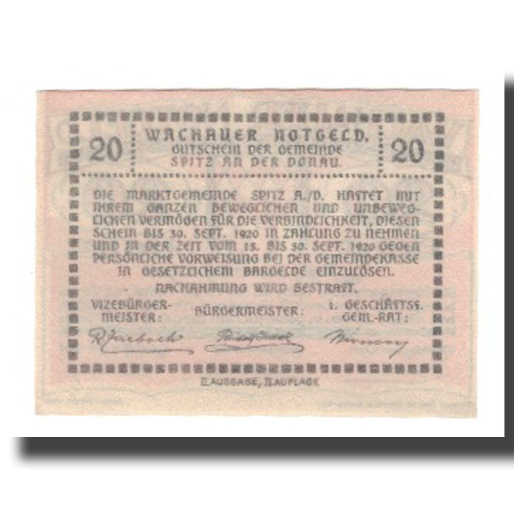 Banknote, Austria, Wachauer Notgeld - Spitz - Kirche N.Ö. Gemeinde, 20 Heller