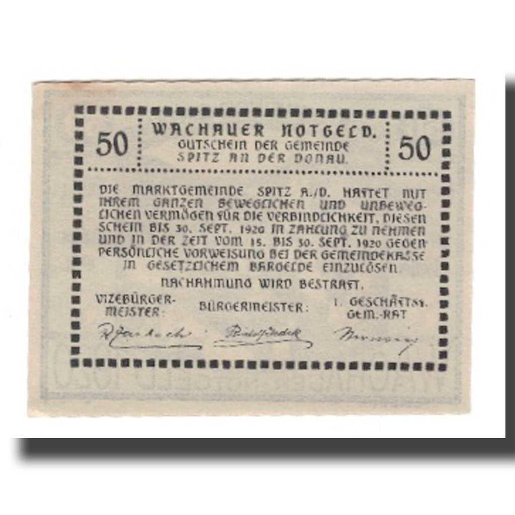 Banknote, Austria, Wachauer Notgeld - Spitz - Kirche N.Ö. Gemeinde, 50 Heller