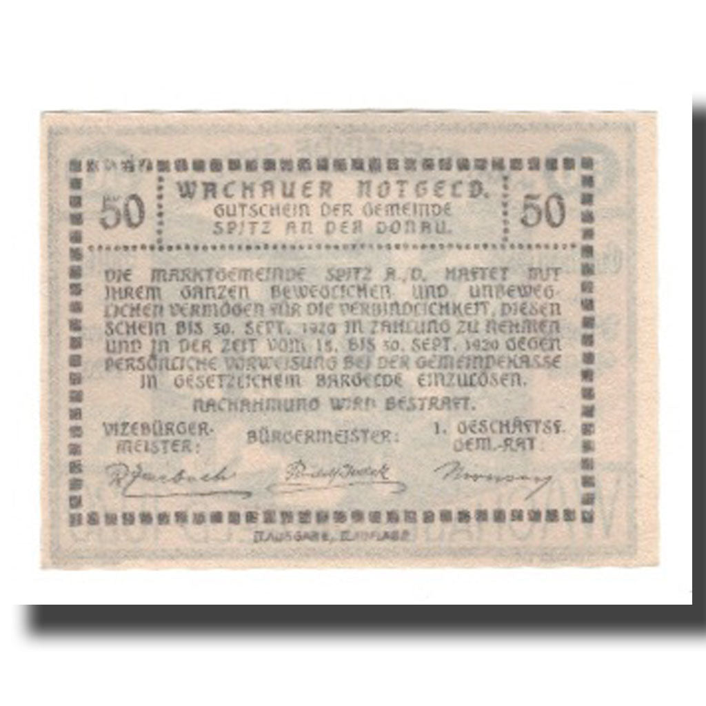 Banknote, Austria, Wachauer Notgeld - Spitz - Kirche N.Ö. Gemeinde, 50 Heller