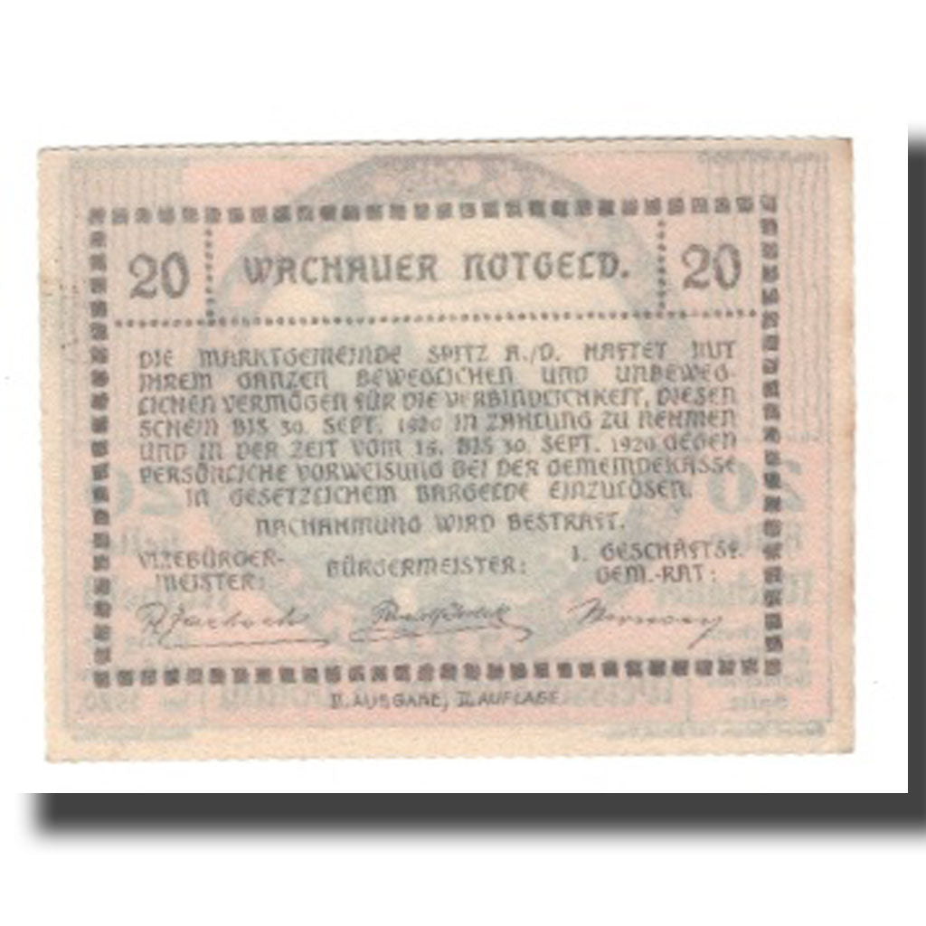 Banknote, Austria, Wachauer Notgeld Weißenkirchen Gemeinde, 20 Heller, Texte 2