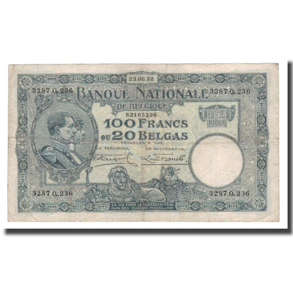 Banknote, Belgium, 100 Francs-20 Belgas, 1927, 1932-06-23, KM:102, VF(30-35)