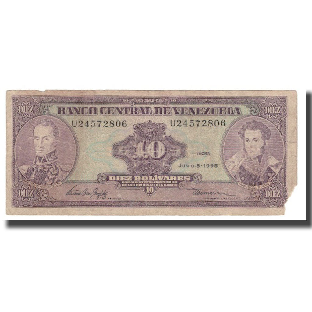 Banknote, Venezuela, 10 Bolívares, 1986-95, 1995-06-05, KM:61d, VG(8-10)