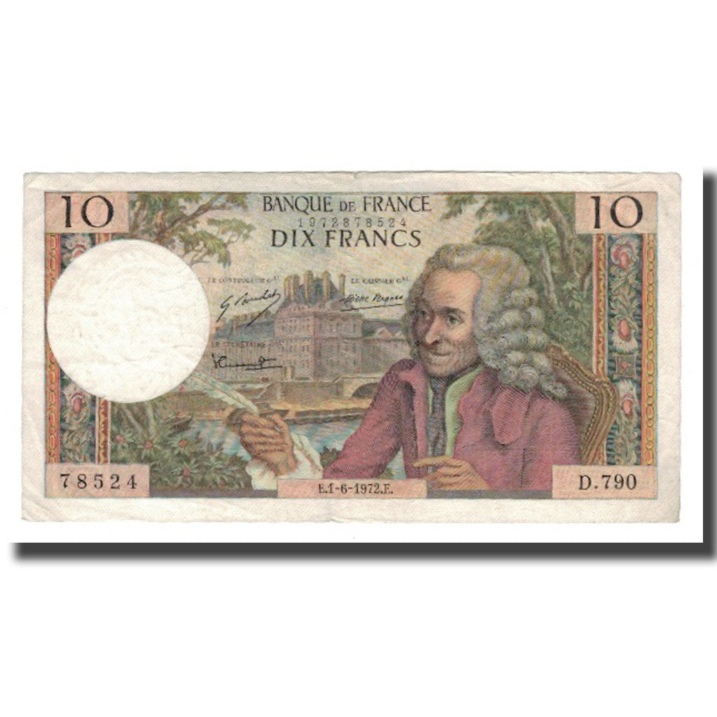 France, 10 Francs, Voltaire, 1972, 1972-06-01, VF(20-25), Fayette:62.57, KM:147d