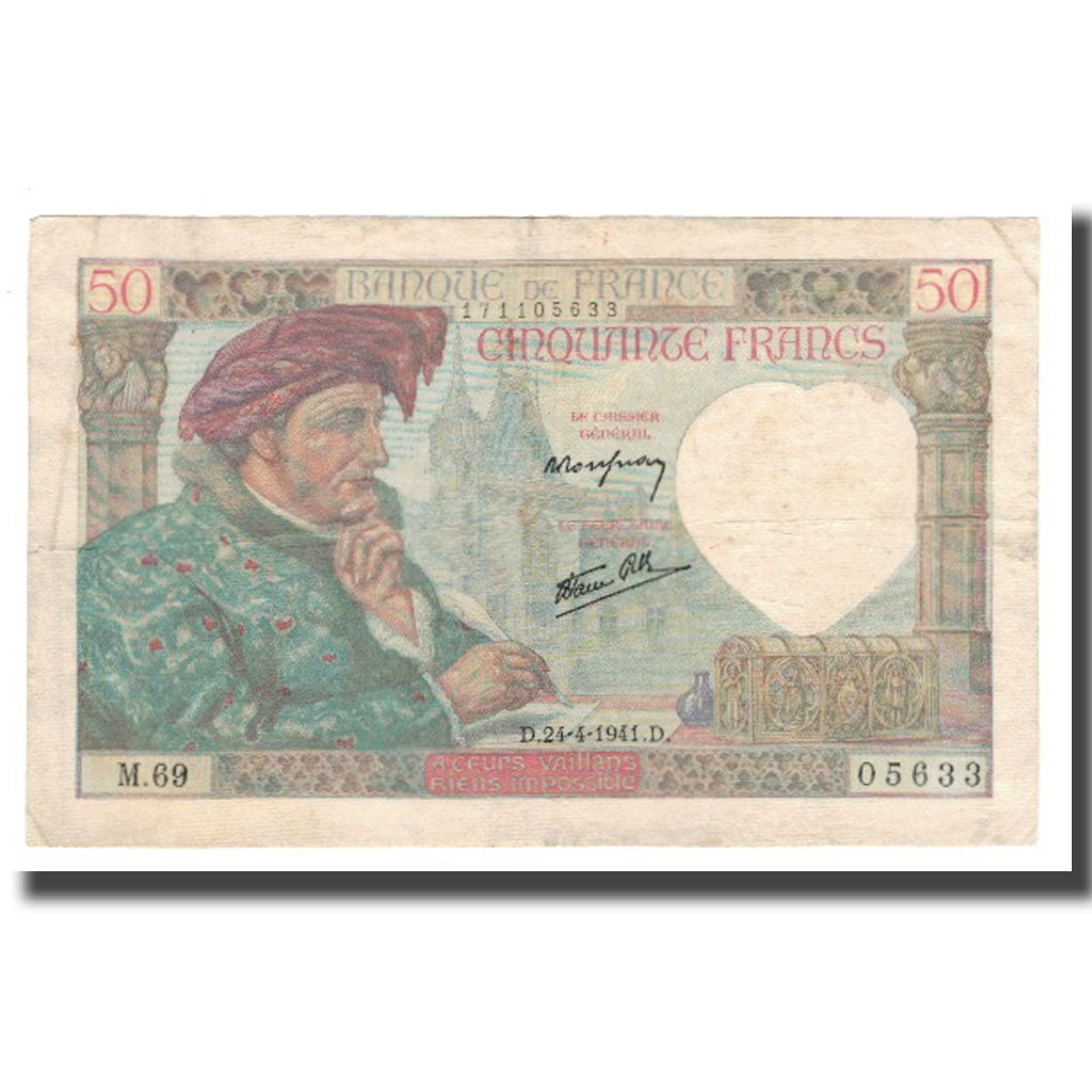 Francja, 50 Francs, Jacques Coeur, 1941, 1941-04-24, VF(30-35), Fayette:19.09