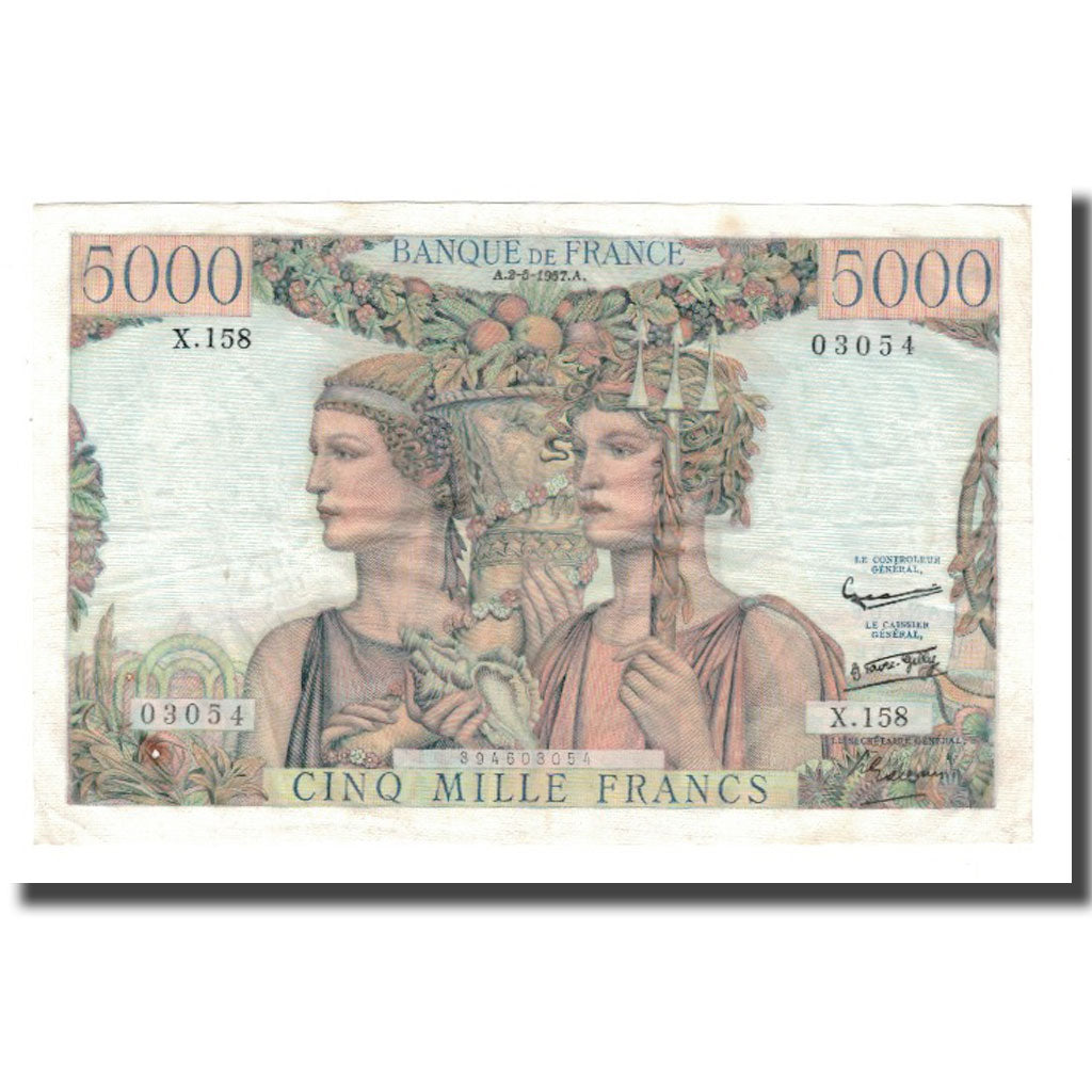 France, 5000 Francs, Terre et Mer, 1957, 1957-05-02, AU(50-53), Fayette:48.14