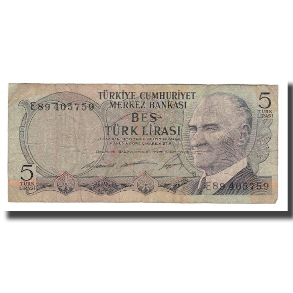 Biljet, Turkije, 5 Lira, L.1930, KM:179, B+