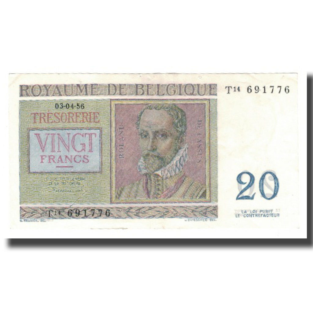 Banknote, Belgium, 20 Francs, 1956, 1956-04-03, KM:132b, AU(55-58)