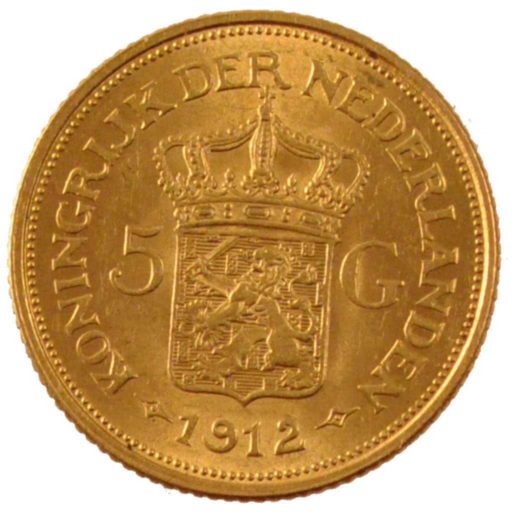 NETHERLANDS, 5 Gulden, 1912, KM #151, AU(55-58), Gold, 18, 3.38