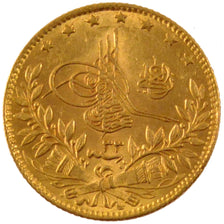 TURKEY, 50 Kurush, 1908, Qustantiniyah, KM #731, MS(60-62), Gold, 3.57