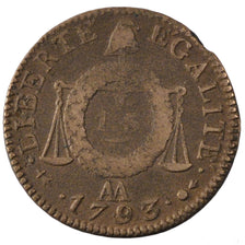 Monnaie, France, Sol aux balances françoise, Sol, 1793, Metz, TB+, Bronze